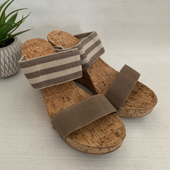 C established 1946 Tan/Stripe Fabric Stride Cork Wedges Slide Sandals Women’s 10 - Picture 5 of 11